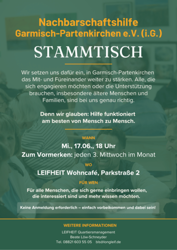 Jeden 3. Mittwoch im Monat findet ab 18 Uhr der Stammtisch der Nachbarschaftshilfe GaPa im LEIFHEIT Wohncafé statt.