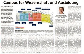 Das Garmisch-Partenkirchner Tagblatt berichtet über die Planungen rund um den Campus in Bahnhofsnähe für die Bereiche Forschung, Pflege und Berufsbildung. 