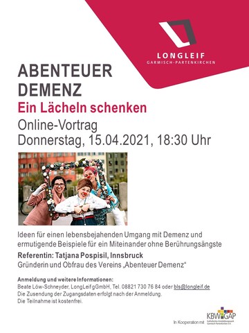 Auf dem Plakat wird zum Online-Vortrag "Abenteuer Demenz" am Donnerstag, 15.04.2021 informiert. 